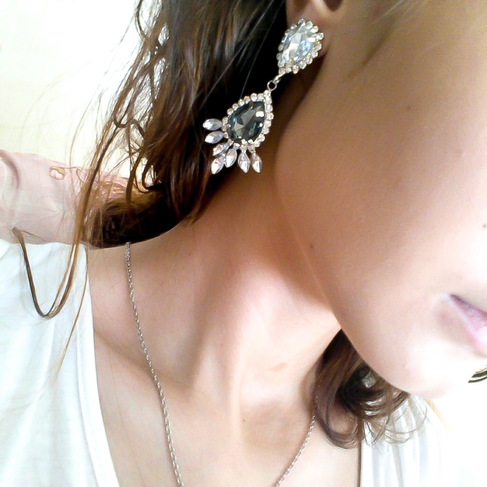 Grey Gem Silver Prom Bridal Stud Earrings - Picture 3 of 5